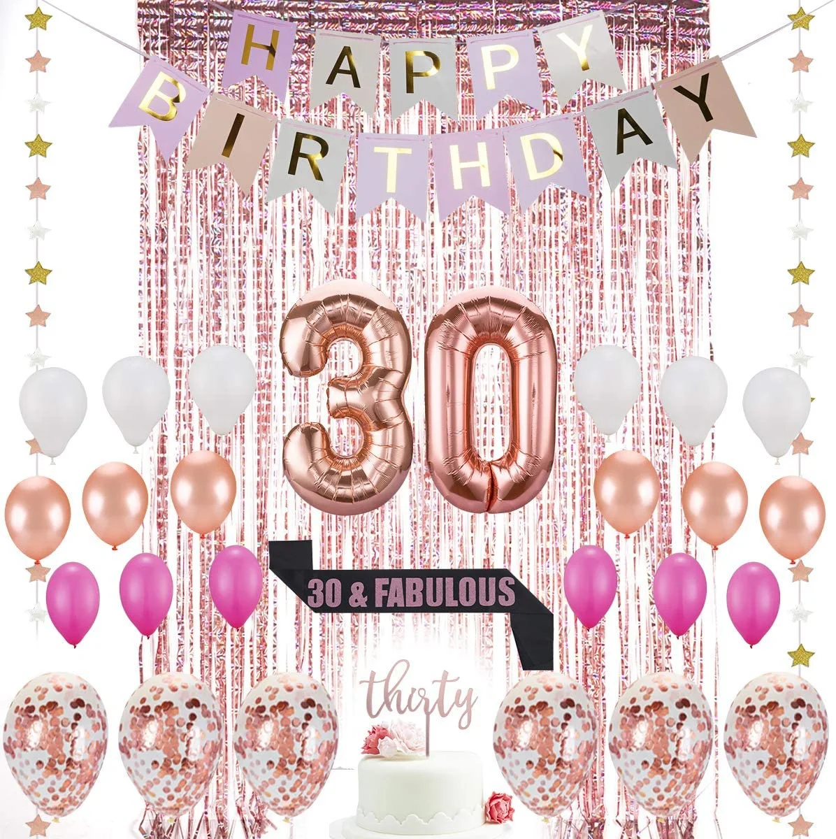 30er Tortenaufsatz Roségold | 30 & Fabelhafte Glitzer-Satin-Schärpe | Roségoldene Konfetti-Luftballons für Frauen zum 30. Geburtstag