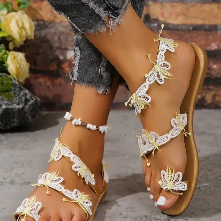 Yellow Imitation Butterfly Flower Fashion Sandals Flat Plus Size 43 Summer Outdoor Beach Shoes Travel Mom Shoes