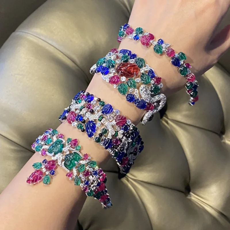 Bellux Bracelet Collection Top Quality Super Luxury 925 Silver Synthetic Red Green Blue Carving Gemstone Leaf Vintage Bracelet