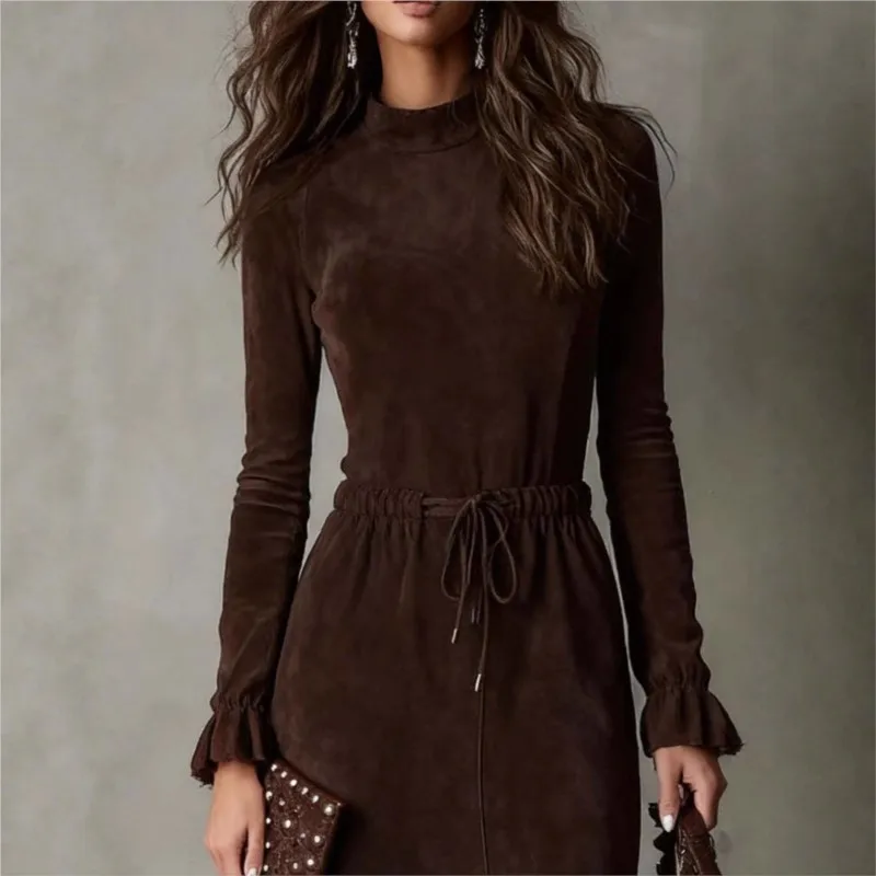 เดรสยาวทรงเข้ารูปแขนยาวสไตล์วินเทจสำหรับผู้หญิง แต่งซิป ทรงเมอร์เมด ชุดราตรีหรูหรา คอทรงโอ ผ่าข้าง