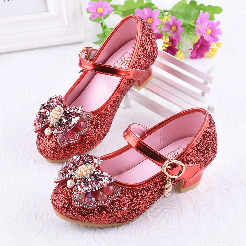 

New Kids Princess Leather Shoes Fashion Dance Party Perform Shoe Diamond Bowknot Children High Heel Glitter Girls Wedding Shoes