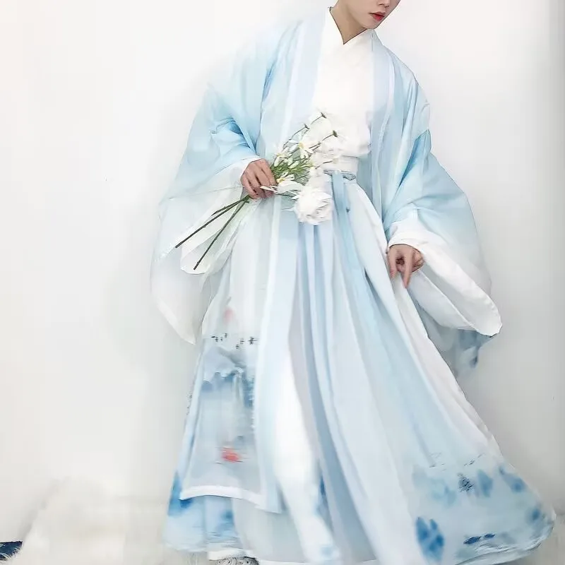 الذكور طالب Hanfu الأزرق والأبيض الصباغة 3 قطعة مجموعات زي الهالوين التأثيري الصينية التقليدية حفلة الزي حجم كبير للرجال