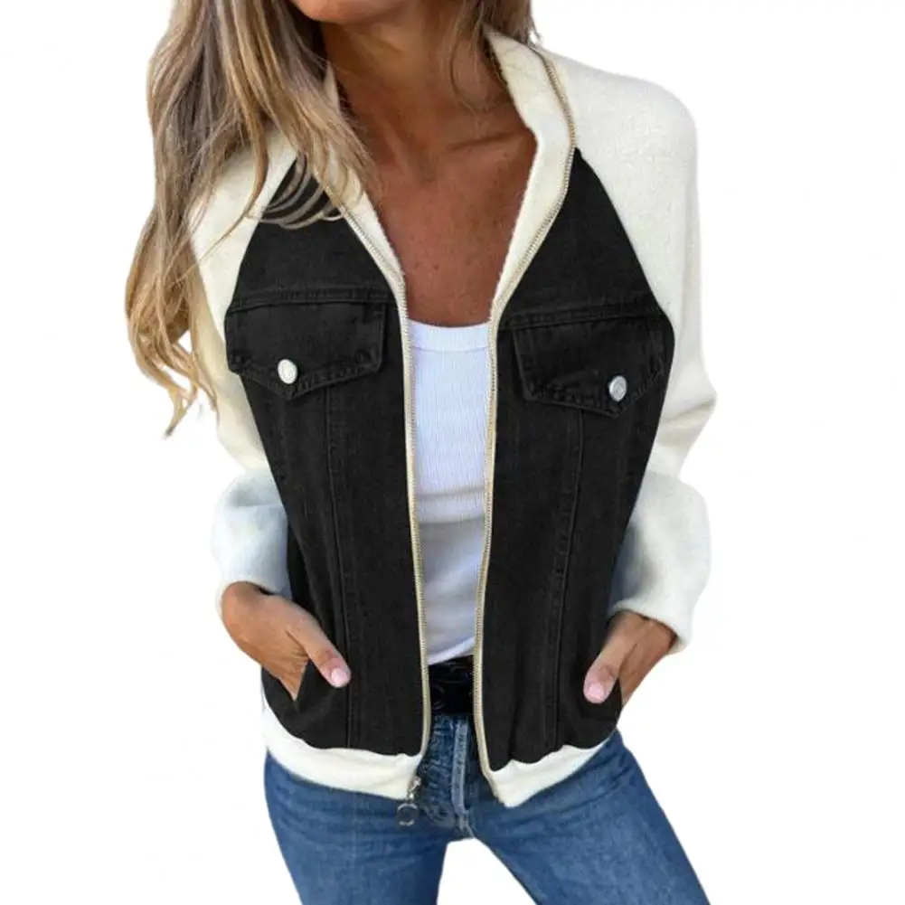 

Women Outerwear Contrast Color Long Sleeve Jacket Stylish Colorblock Women's Jacket with Zipper Closure Hood Trendy for Daily