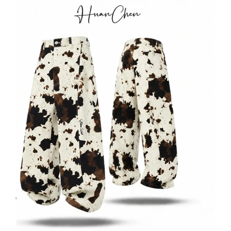 2026 Spring Autumn American Retro Cow Print Cargo Pants For Women Lazy Relaxed Loose Curved Casual Fashion Long Trousers