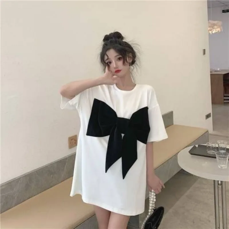 Short-sleeved T-shirts Women Summer New Niche Bow Color Collision O-neck Loose Office Lady Korean Versatile Casual Tops Female