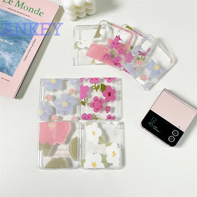 for Samsung Galaxy Z Flip4 Flip3 Phone Case Flower Zflip3 Zflip4 Protective Case Transparent Cover