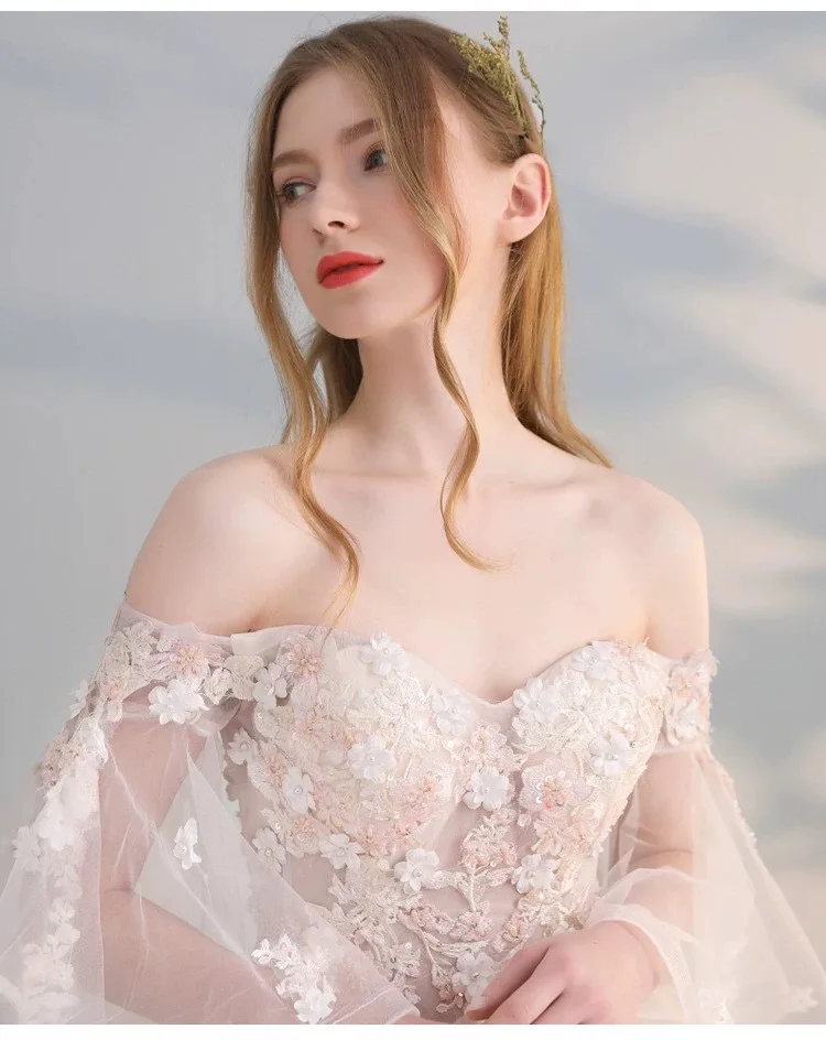 Ready Stock Wedding Dress 2024 New Lace One Shoulder Summer New Bridal Long-Sleeved Wedding Dress