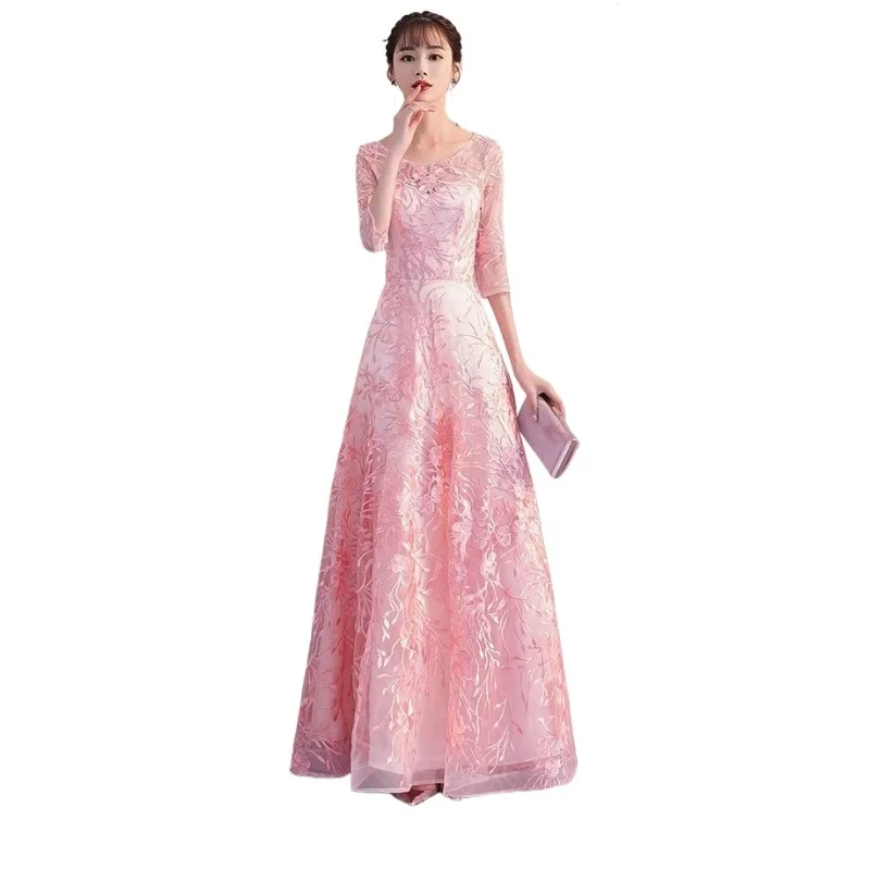 Новое женское сетчатое вышитое банкетное элегантное вечернее платье, модное длинное стильное утягивающее элегантное светское розовое платье подружки невесты