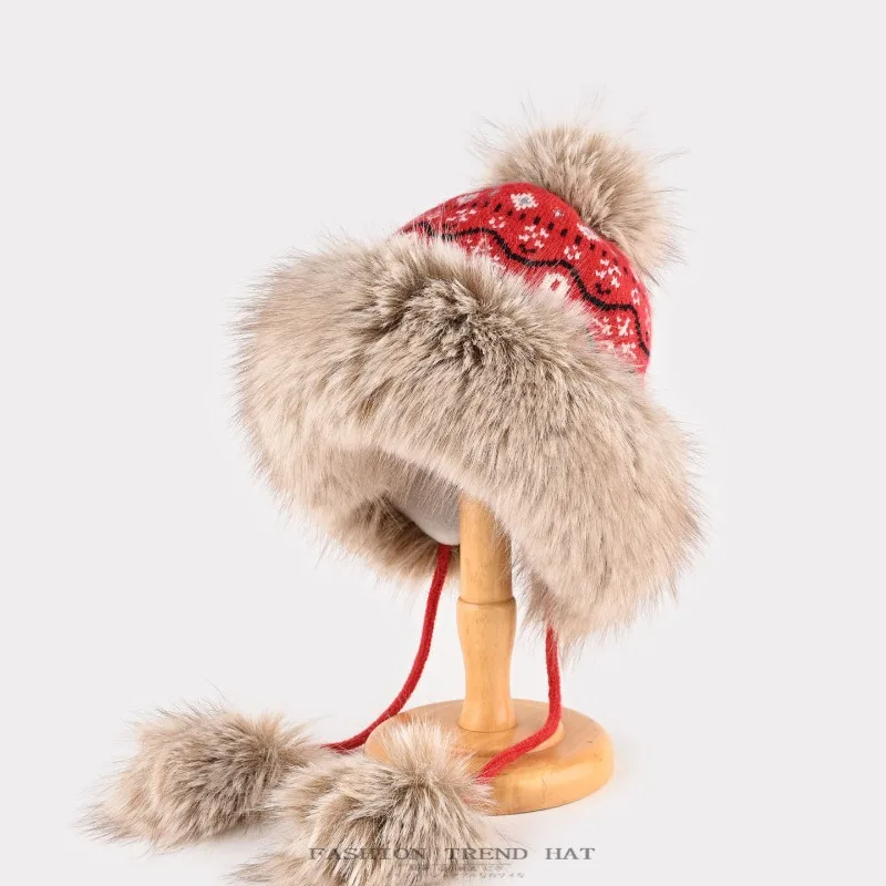 New Ethnic Style Plush Lei Feng Hat Winter Men's and Women's Thickened Warm Ear Protectors Lace Up Imitation Mink Russian Hats