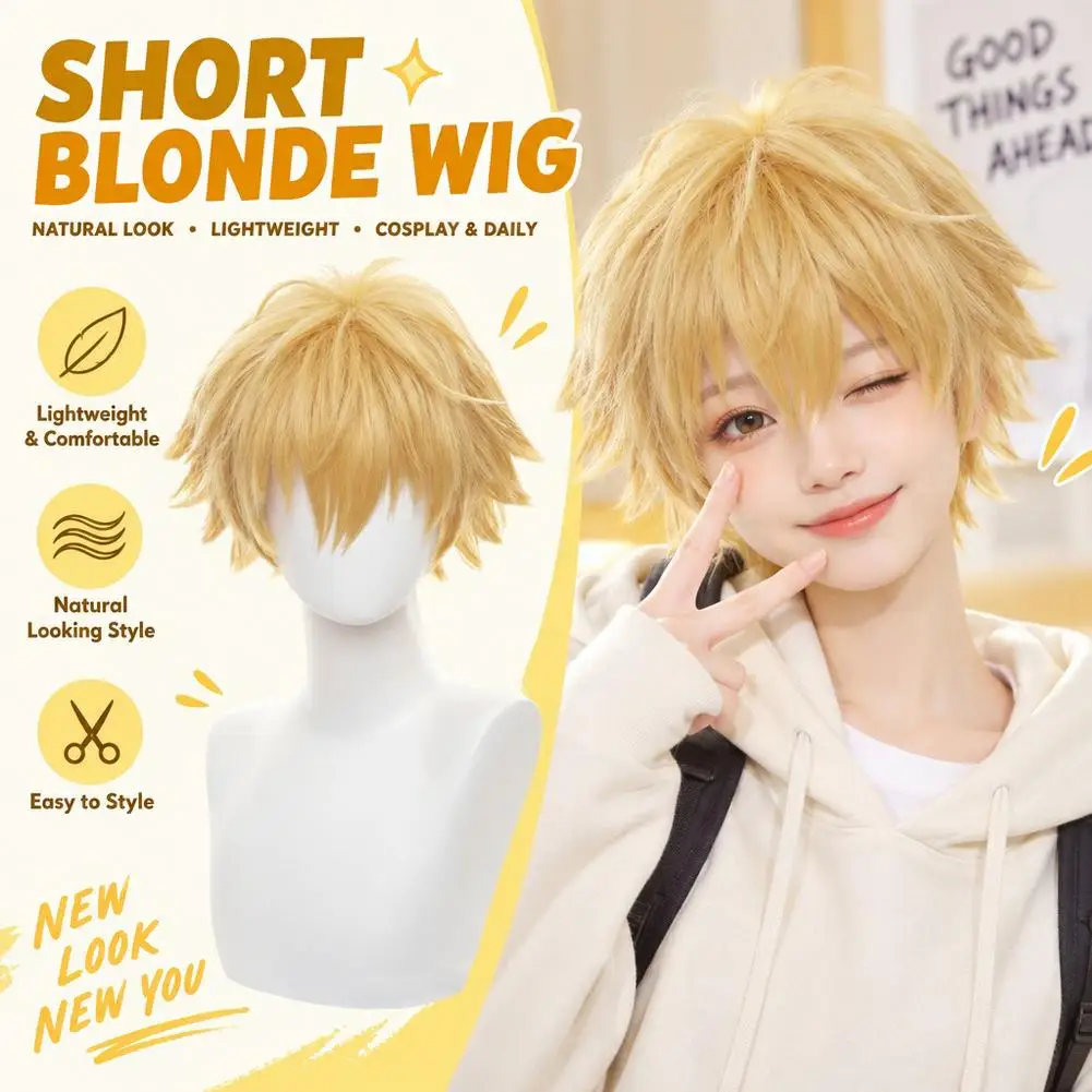 SHORT COSPLAY WIG for Mikaela Hyakuya Men Light Blonde Fluffy Hair Heat Resistant Synthetic Anime Party Daily Male Wigs