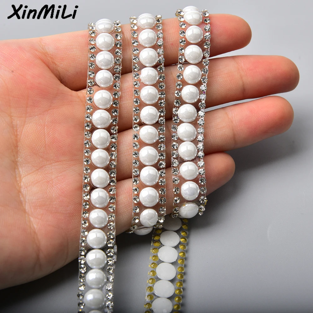 3/5 yards 1 cm breed witte zelfklevende strass parel sticker trim kristal lint strass applique diy kleding schoen accessoires