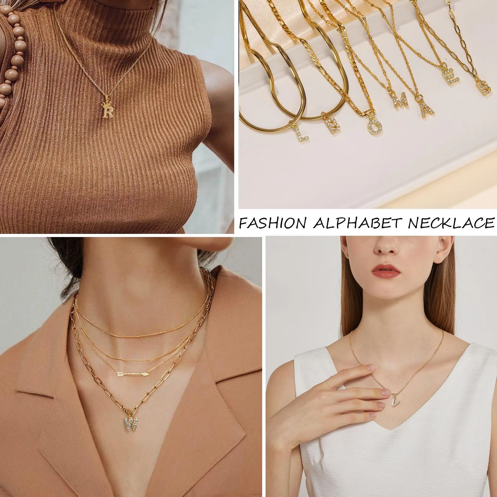 Stainless Steel Zirconia Initial Letter Necklace for Women, A -Z  Alphabet Pendant Snake Chain Collar Layered Jewelry