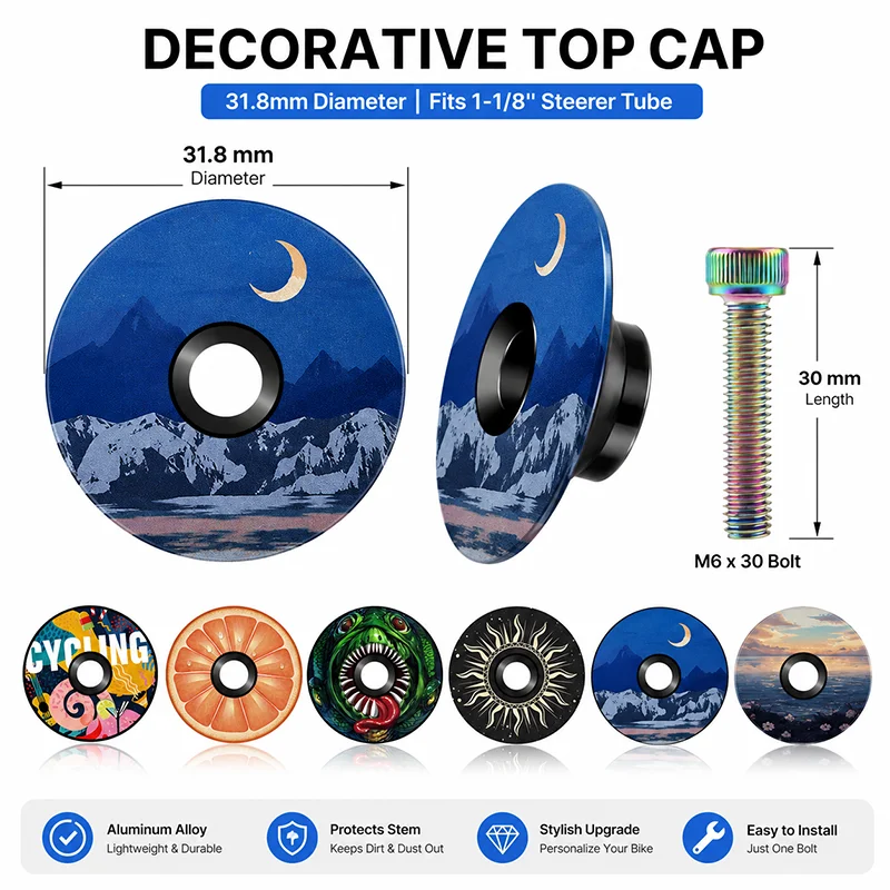 31.8mm Bicycle Stem Top Cap M6x30 Bolt MTB Road Bike Headset Cover Decorative Pattern Cycling Accessory