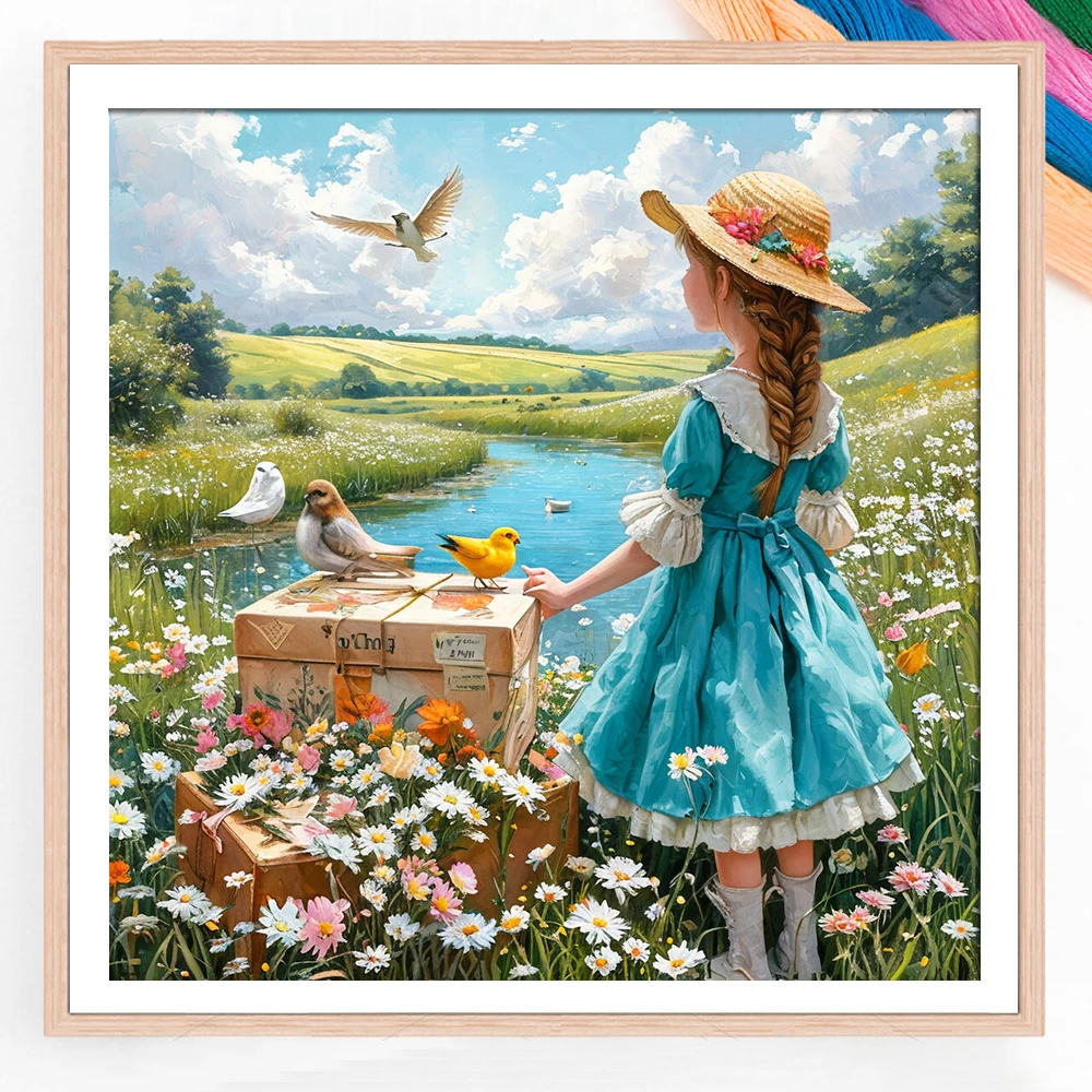 Portrait Painting Cross Stitch Kit DIY Set Lakeside Blue Skirt Little Girl Flying Bird Country Decoration Painting