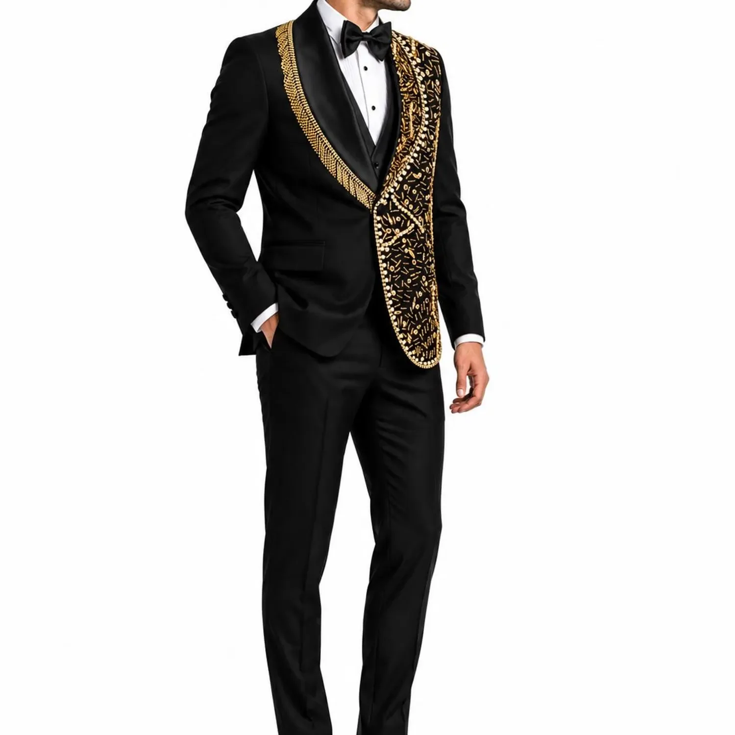 Luxury Men's Two-Piece Tuxedo Set with Golden Beads Customized Slim Fit One-Button Design for Wedding Groom