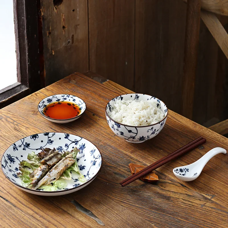 DSA Japanese Ceramic Gift Bowl Set Bowls and Plates Single-Serving Tableware Gift Box Bowls and Chopsticks Souvenir Blue