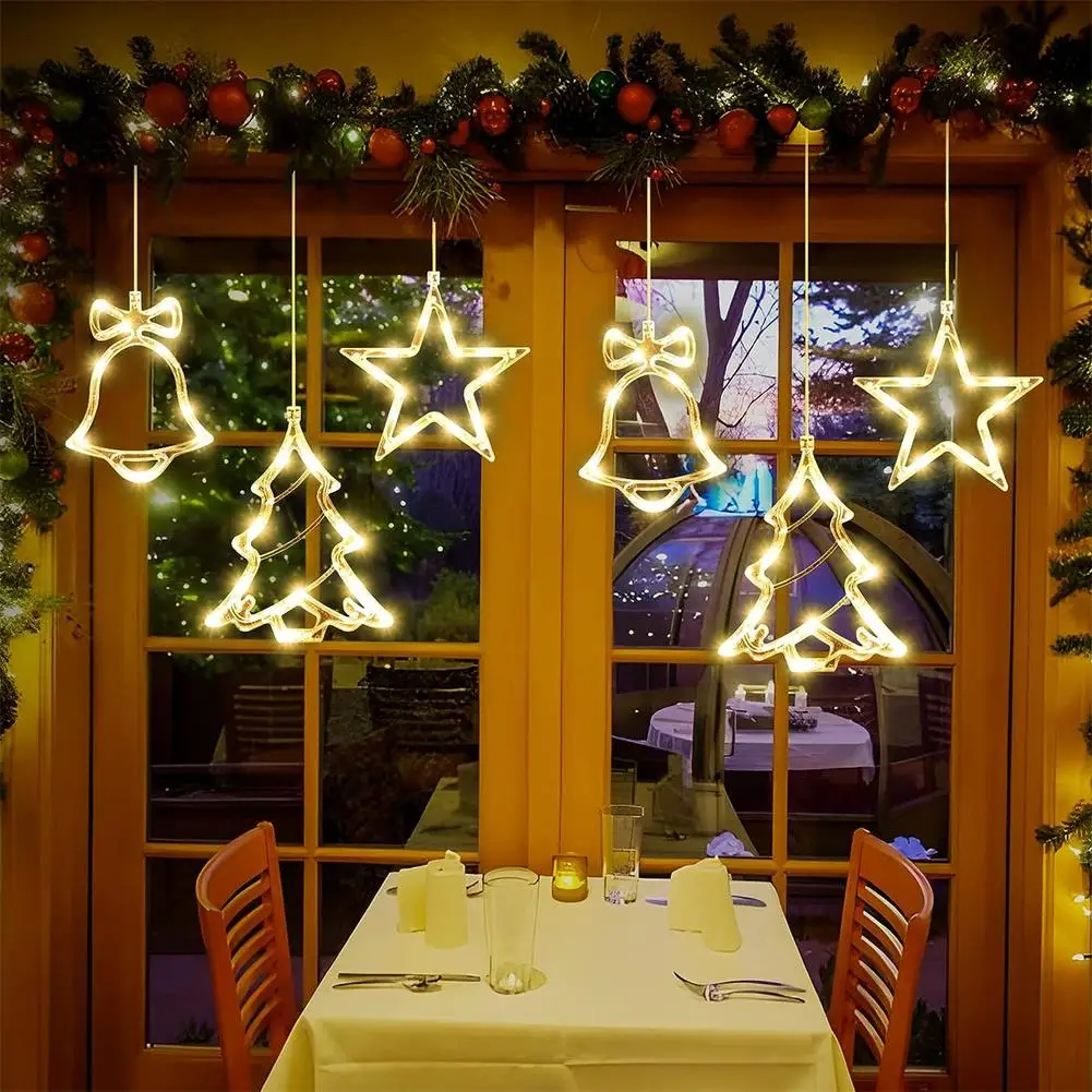 Luzes da janela do Natal com ventosas, alimentado por pilhas, Tree Bell, Star Shaped LED Otário Lâmpada, 3600 K, 3pcs