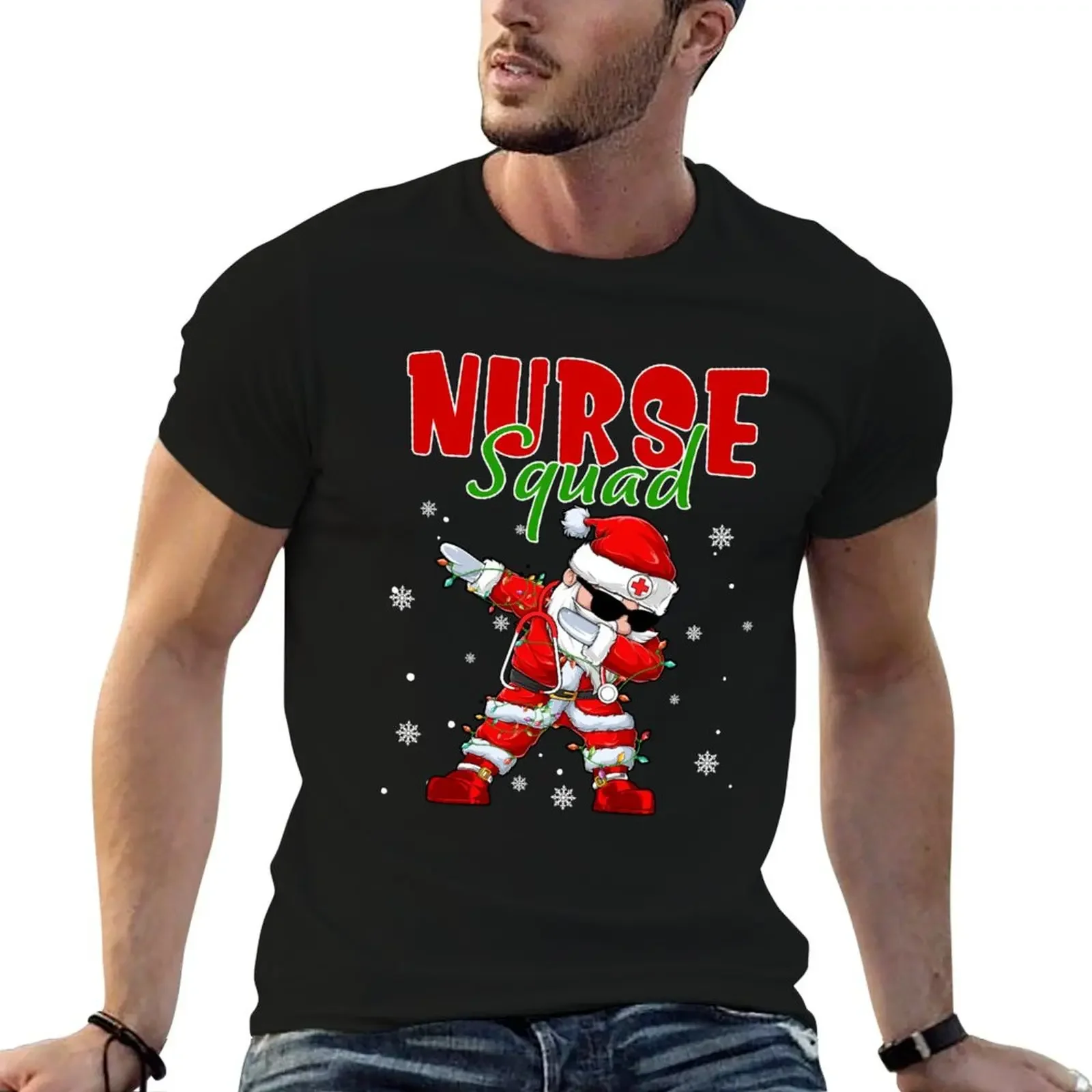 

Merry Xmas With Dabbing Santa Christmas Lights Nurse Squad Scrub Tops T-Shirt summer 2025 sweat mens clothes