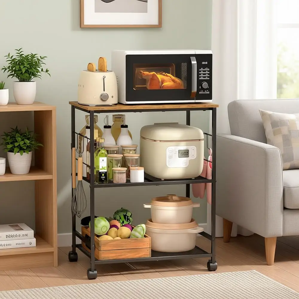 

Трехуровневая тележка для микроволновой печи с местом для хранения, блокируемыми колесами, идеально подходит для кухни, гостиной или офиса