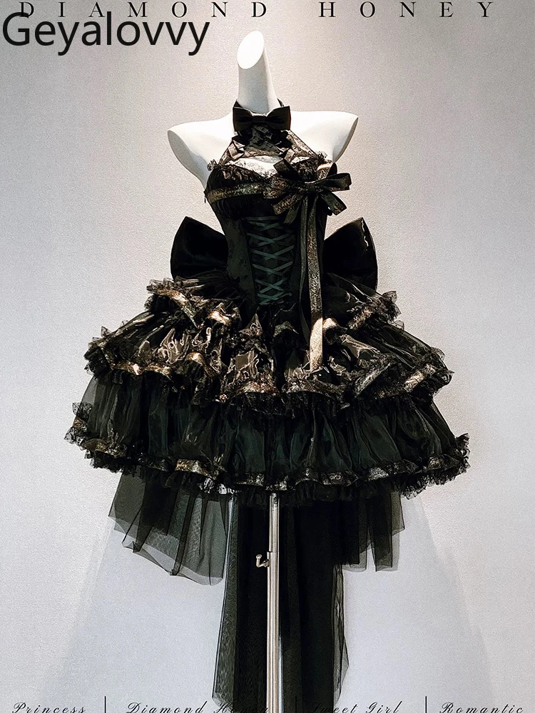 Vestido de fiesta sin mangas con hombros descubiertos, estilo princesa, cintura alta, ajustado, con tirantes de satén, cuello Halter, adelgazante, estilo Lolita