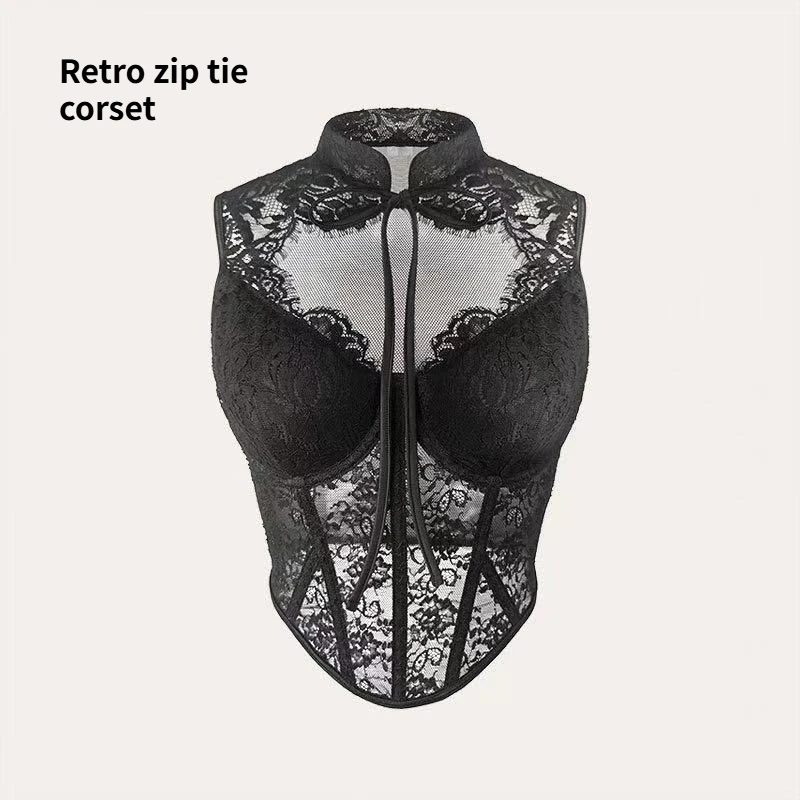 

Fashionable French Romantic Style Retro Lace Splicing Fishbone Waist Fishbone Waist Strap Strap Waist Small Tank Top