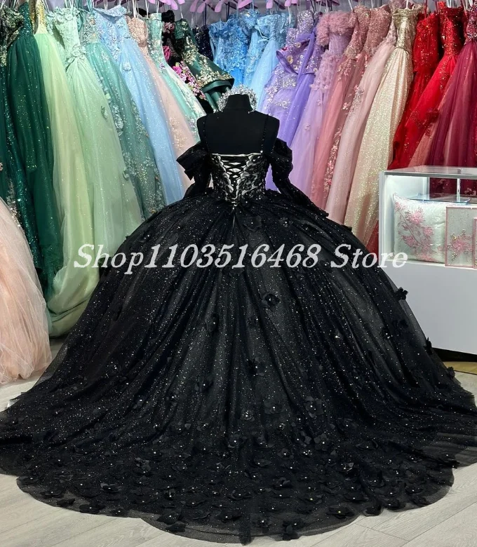 Funkelnde schwarze 15 Quince anera Prinzessin Langarm eingelegte Pailletten Kristall Perlen Perlen Vestidos de 15 Años Quinceañeras 2024