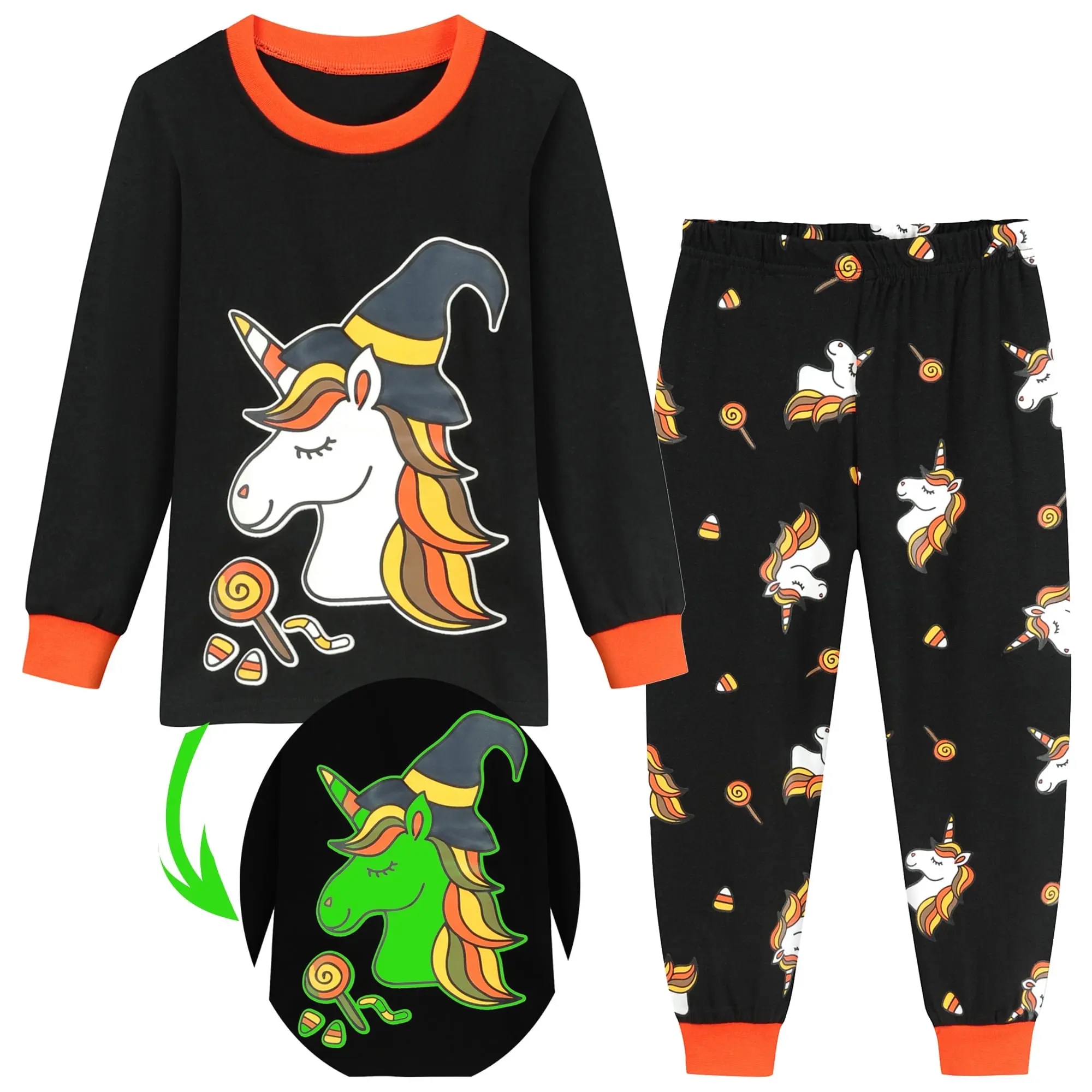 Little Hand Toddler Girls Halloween Pajamas Cute Unicorn Print Long Sleeve Casual Sleepwear Set forTrick Or Treat Party 2-7T Kid