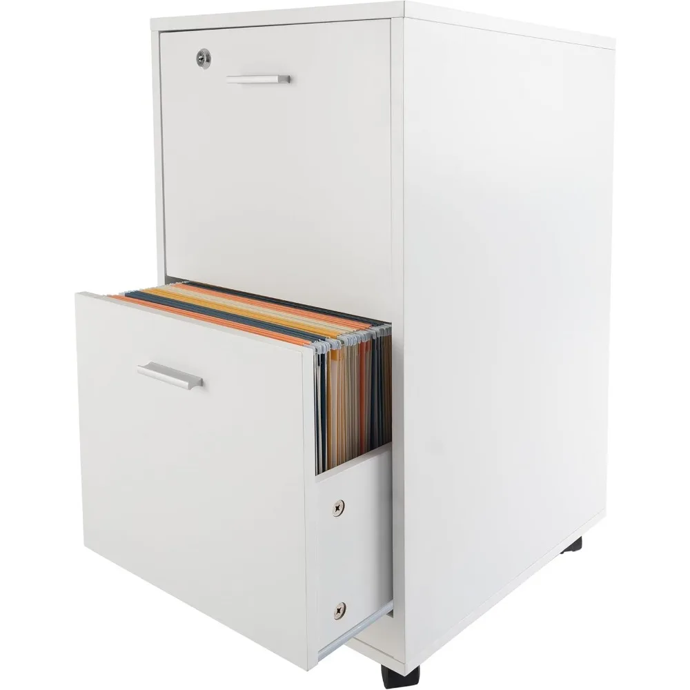 2-Drawer Rolling File Cabinet with Lock - Deep Storage for Home Office Desk Organization (White)