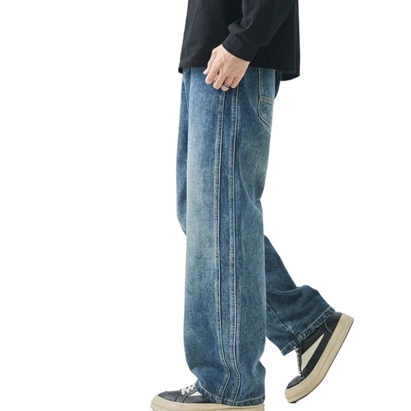 Men's American Vintage Loose Wide-leg Straight Jeans Casual Trousers Street Hip-hop Baggy Jeans Solid Streetwear Autumn Winter
