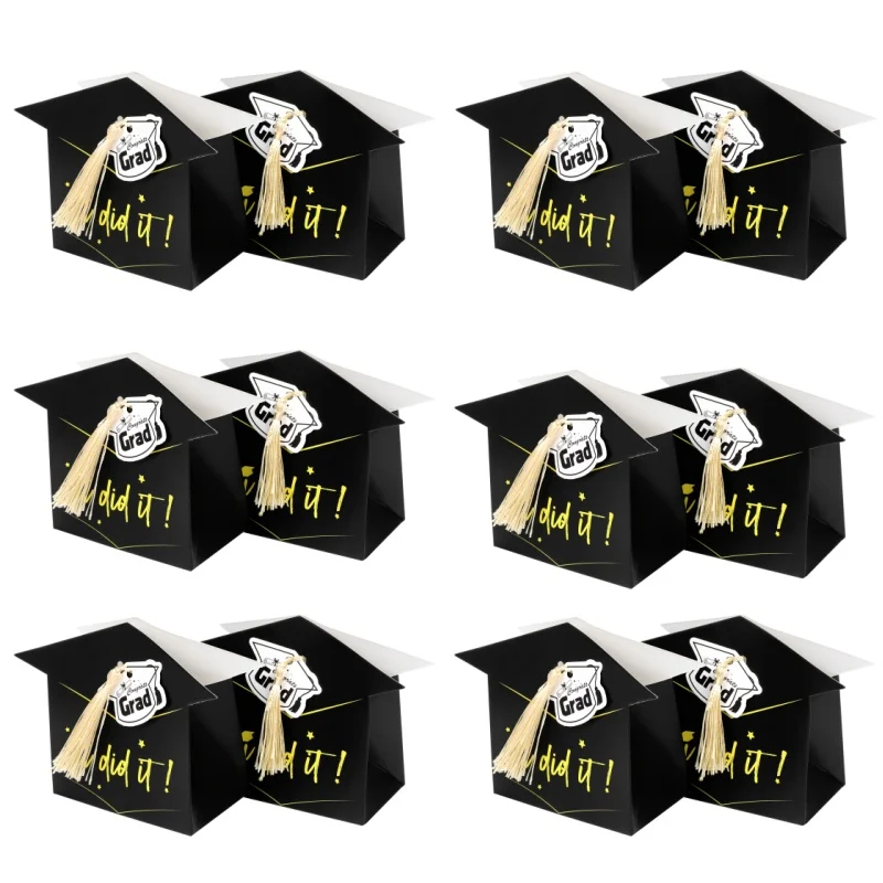 10pcs Graduation Cap Shape Candy Boxes with Tassels and Label College Style Gift Box Graduation Ceremony Decorations Cookie Pack