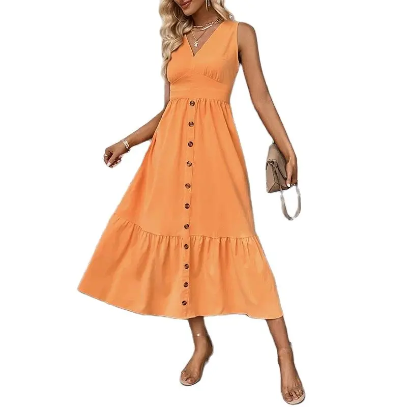 

Spring Female Solid Color Dress Casual V Neck Sleeveless Dresses For Women Loose Waist Single-Breasted Beach Dress