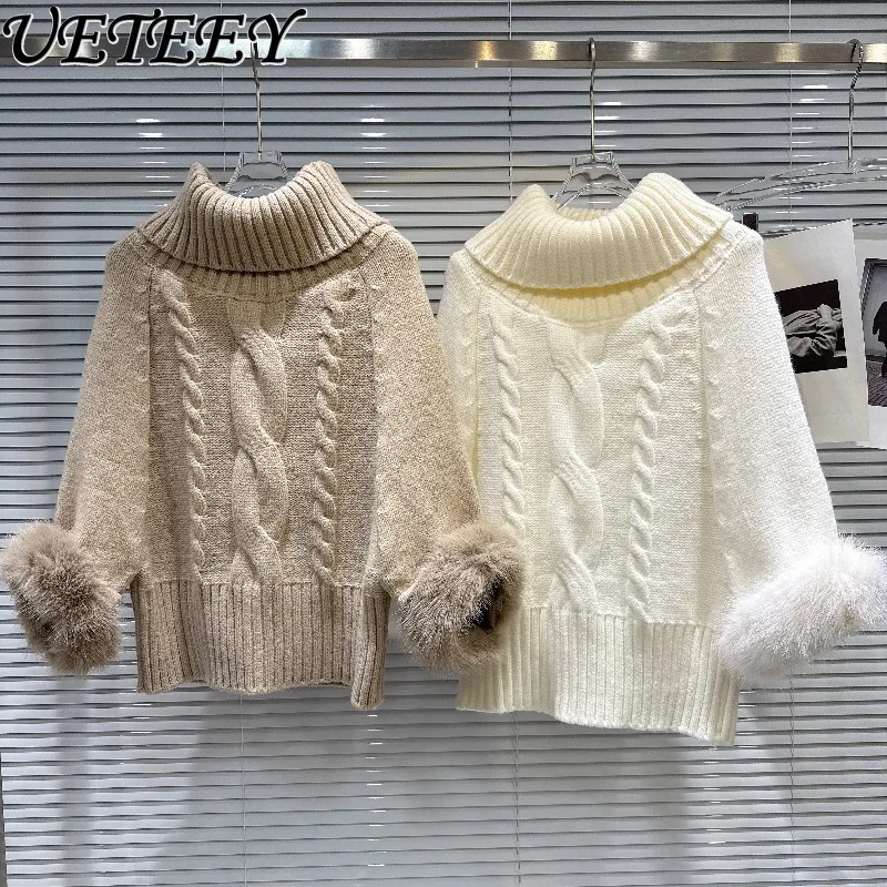 

Autumn Winter New French Style Versatile Casual High Neck Base Pullover Cable Knit and Fuzzy Sleeves Sweater for Women
