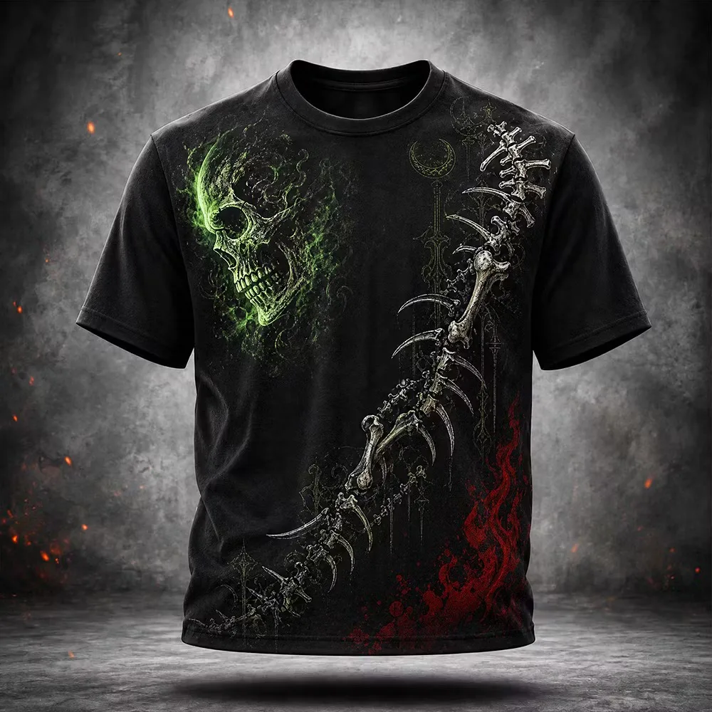 Men Horror Skeleton Demon 3D Print T‑Shirt Halloween Gothic O‑Neck Short Sleeve Loose Fit Festival Party Graphic Tops