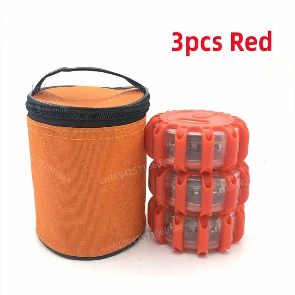 

3 PCS LED Road Flare Emergency Lights Roadside Safety Beacon Disc Flashing Warning With Storage Bags