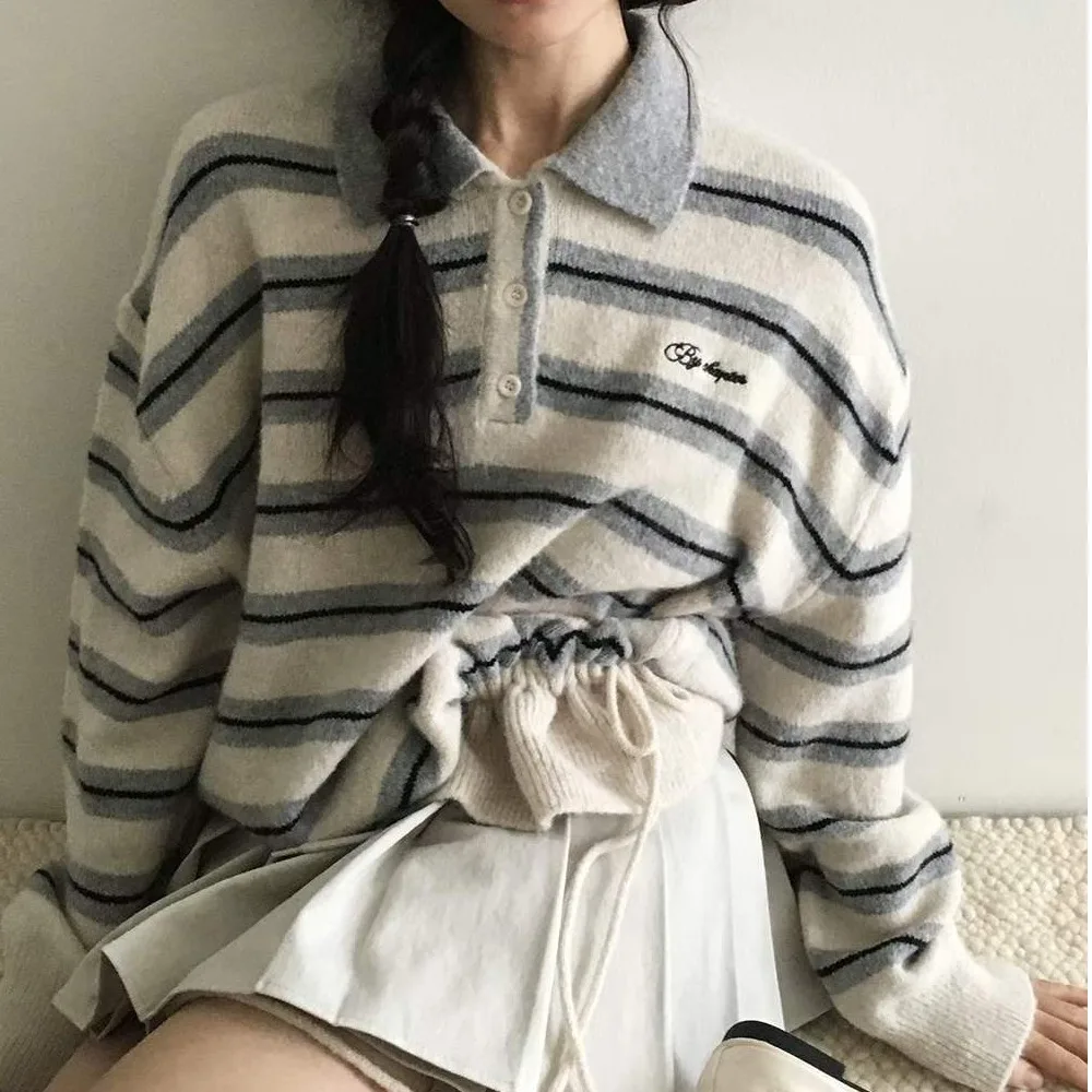 

Faionable Retro Color Blo Striped Sweater Long Adjustable Dstring Collar Warm Autumn Winter Women's Knitted Woolen Swe...