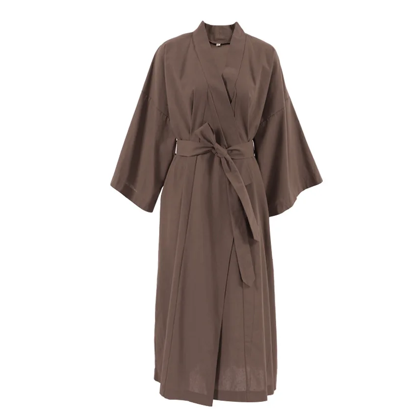 Cotton Brown Long-Sleeved Women\'s Night-Robe Simple Solid Cardigan Hotel Bathrobe Belt Nightgown Sexy Home Pajamas 2023 Autumn