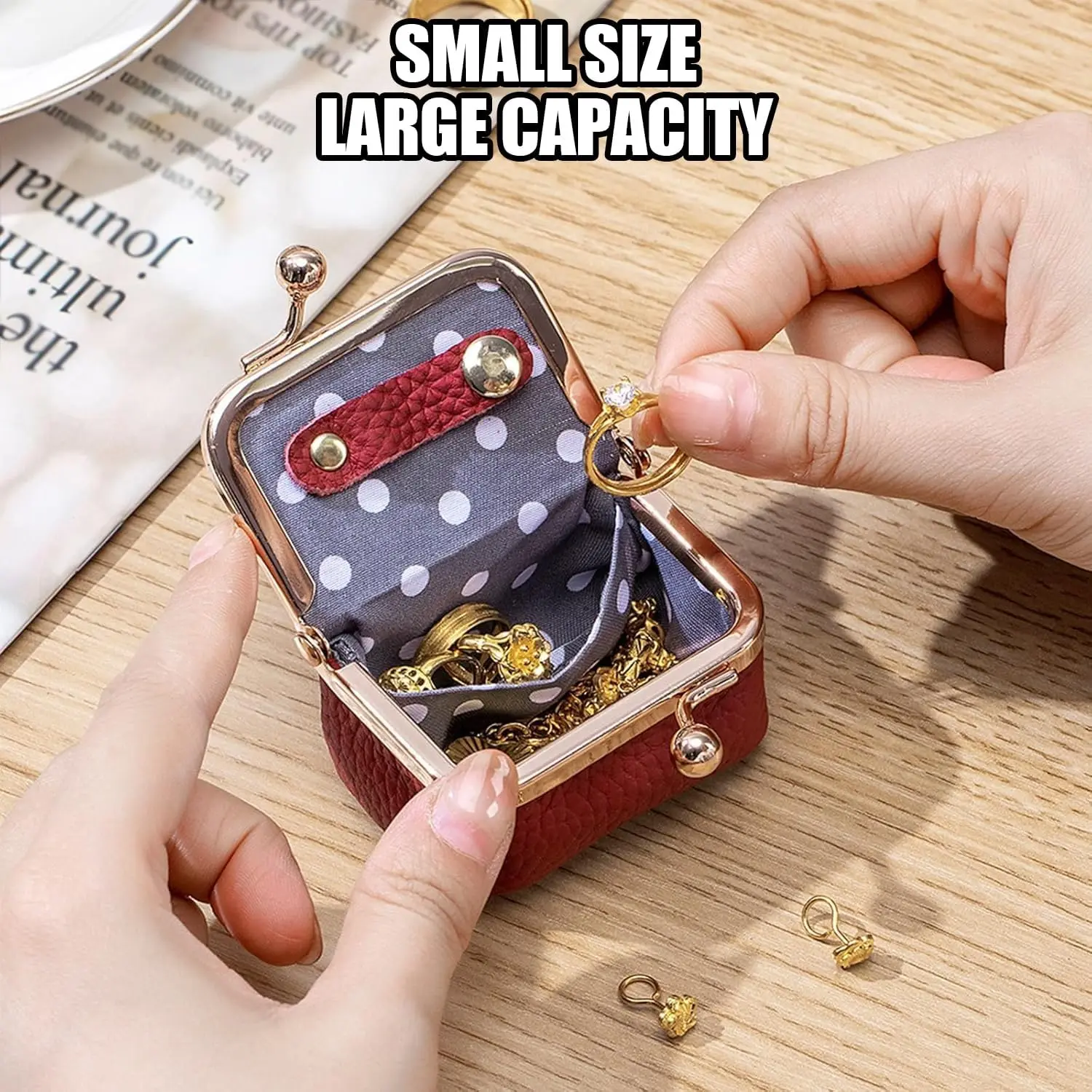Genuine Leather Mini Jewelry Box - Travel Case & Coin Purse with Kiss Lock, Portable Organizer for Earrings Rings Necklace Brace