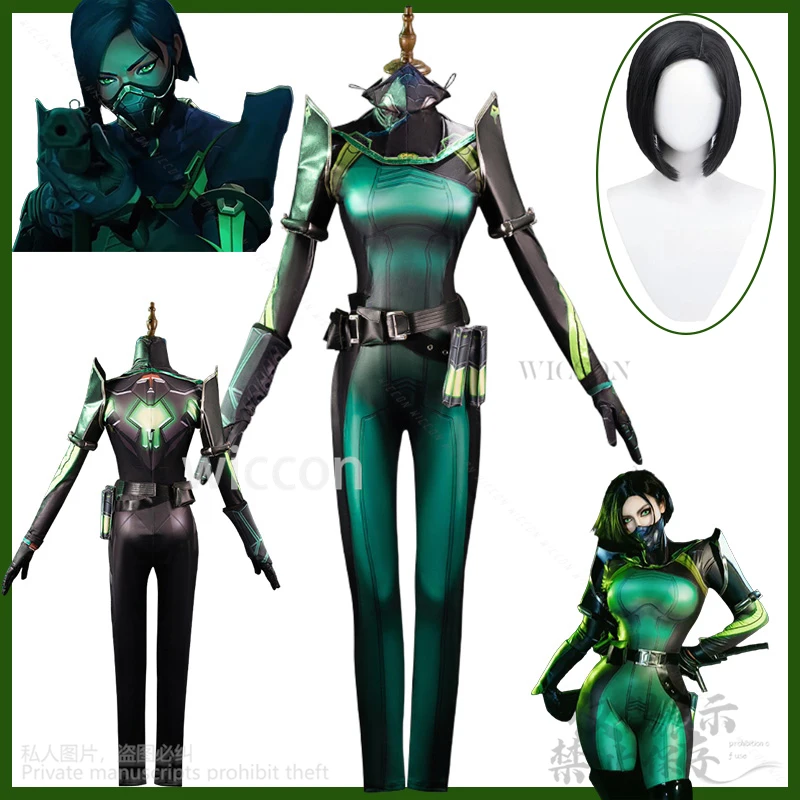 

Anime Game VALORANT Viper Cosplay Costume Green Sexy Jumpsuit Uniform Black Wigs For Girls Woman Halloween Roleplay Customized