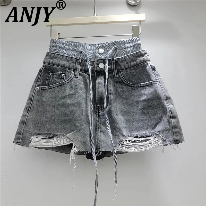 ANJY Women's Skirt Retro Niche Contrast Color Double Waistband Patchwork Ripped Distressed Versatile Casual Denim Skirts HK22297