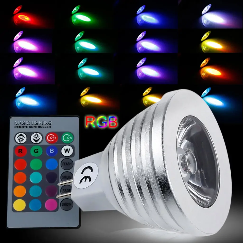 Lâmpada LED sem fio com controle remoto para casa, lâmpada que muda a cor, MR16, 3W, 16 cores, 80LM, RGB, AC, DC 12V, IR