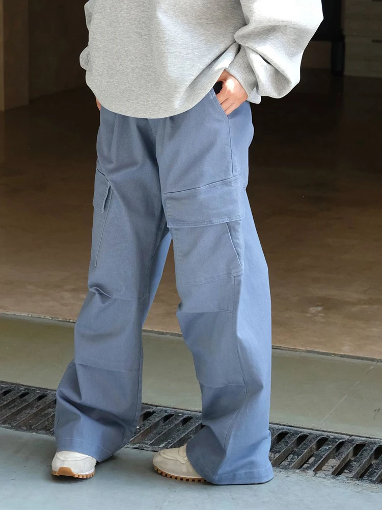 [EAM] High Waist Apricot Blue Pockets Long Casual Cargo Pants New Trousers Women Fashion Tide Spring Autumn 2024 1DH6686