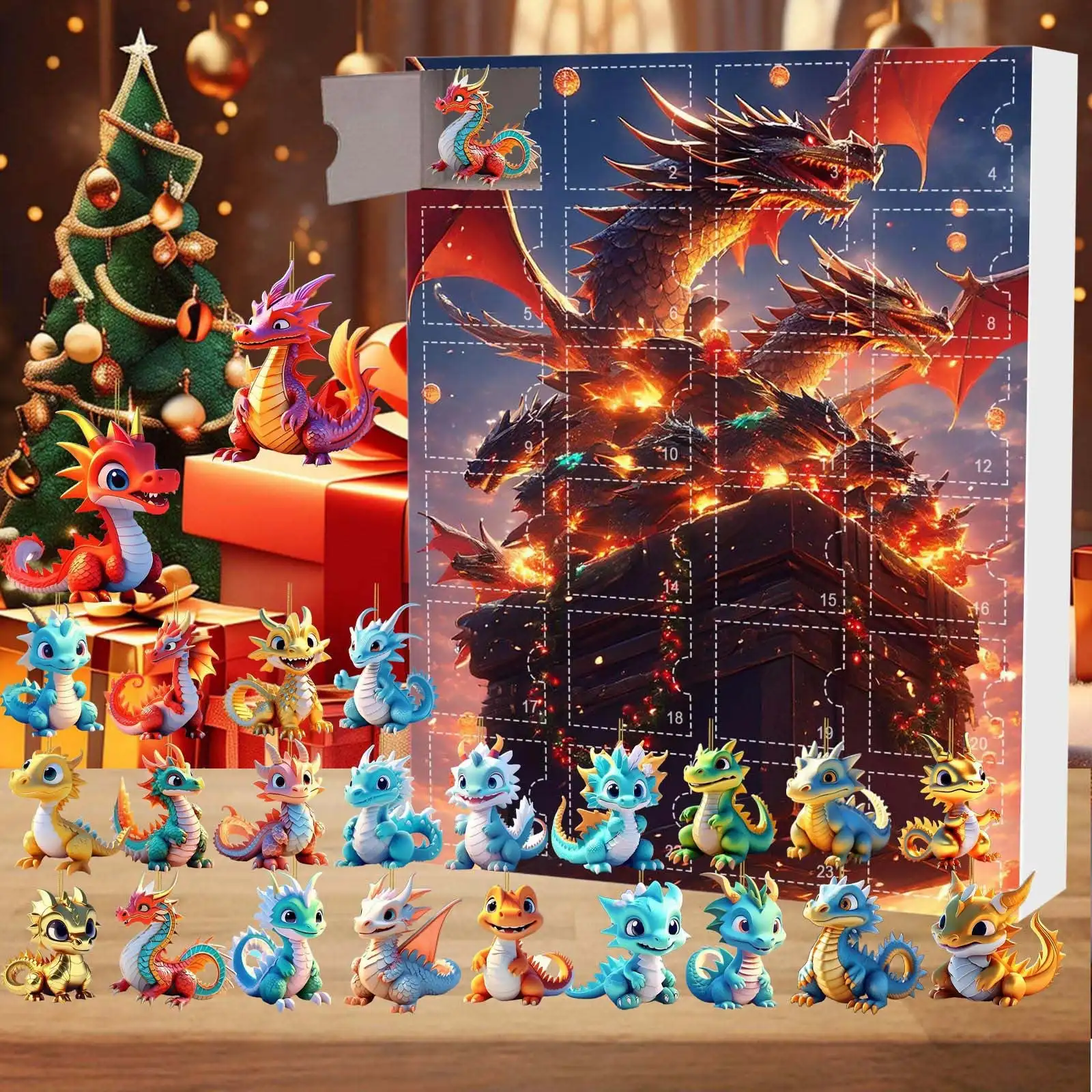 Christmas Countdown Calendar Featuring 24 Surprise Gifts Including Adorable 2D Dragon Baby Dolls & Stunning Christmas Pendant