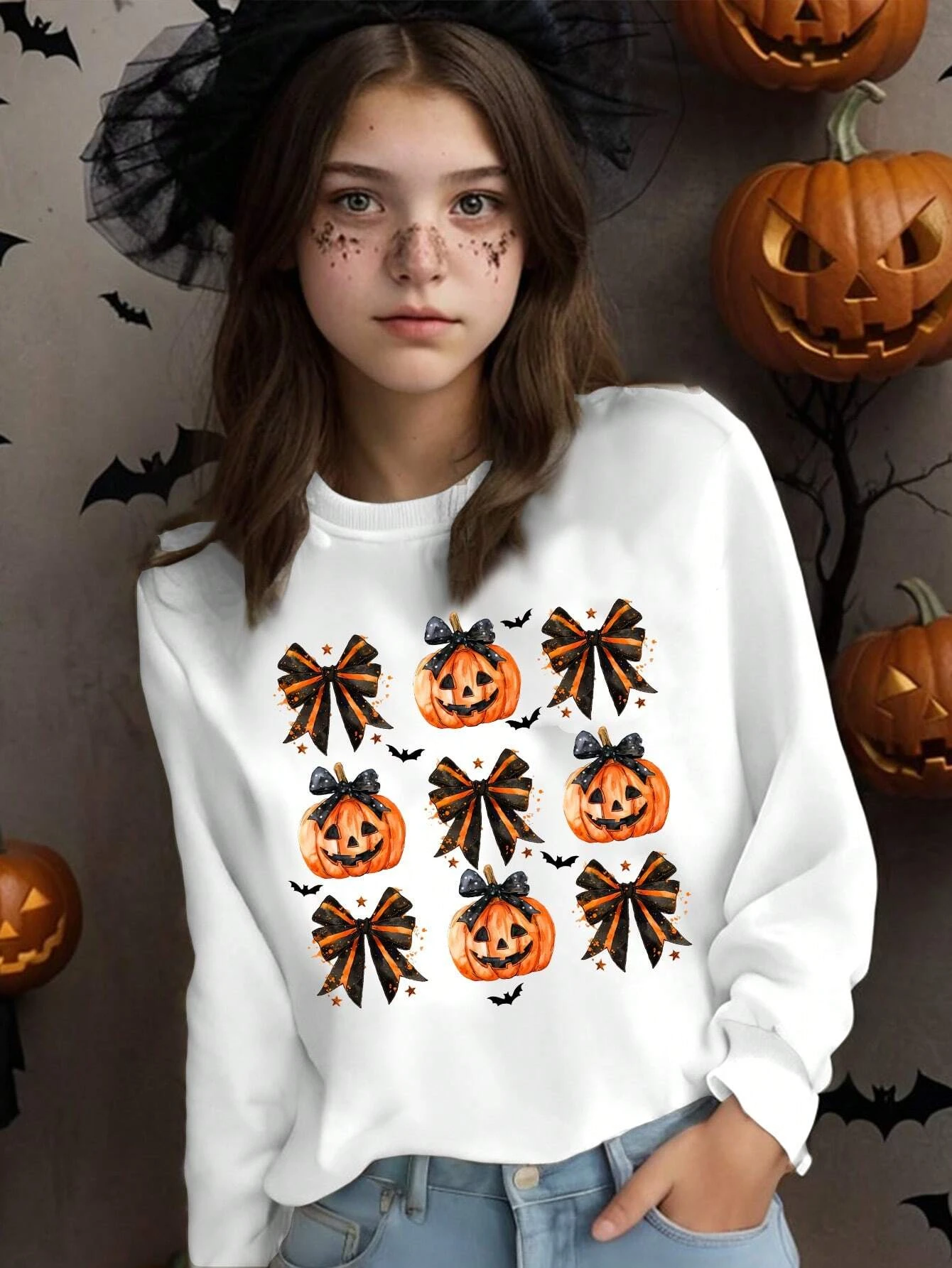 

Girls Casual Halloween Elements Tic-Tac-Toe Ribbon Bow Pumpkin Print hoodie Basic Crew Neck Sweatshirt Autumn Winter