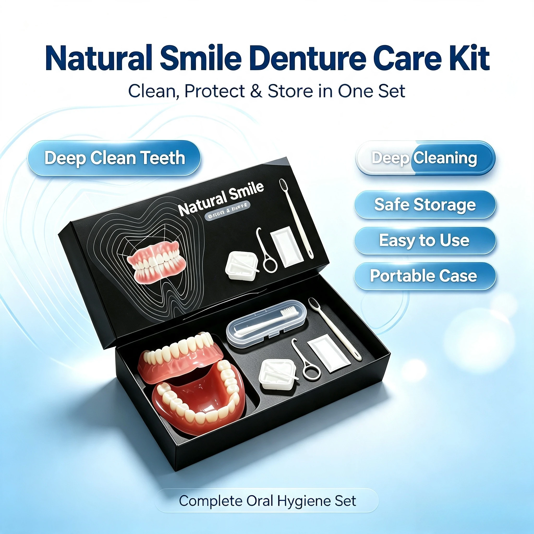 Complete Full Mouth Denture Set with Storage Case,Toothbrush & Removal Hook-Soft Silicone Reline False Teeth for Comfortable Fit