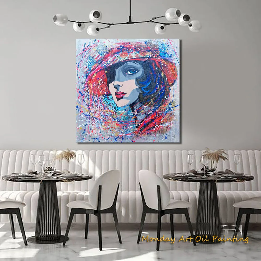 Hand Painted Abstract Oil Painting Woman Portrait Texture Feminist Living Room Picture Figurative Female Original Blue Pop Art