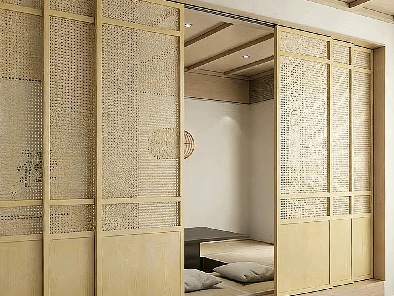 Rattan sliding door custom solid wood rattan screen linkage partition door push-pull folding rattan cabinet door