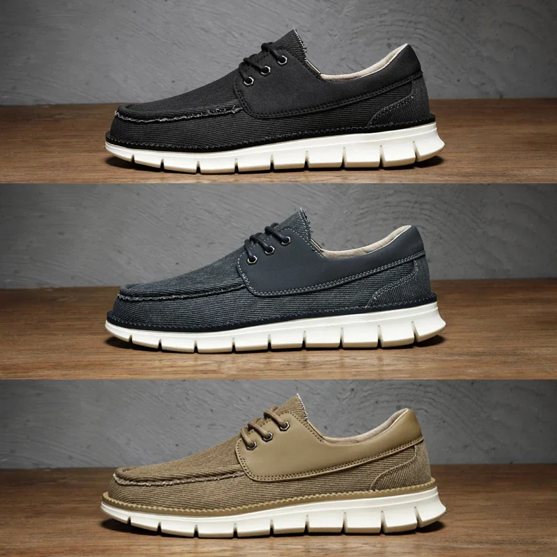 

Fashionable Men Deck Shoes with Beige Canvas Brown Leather Trim Minimalist Fashion Shoe Suitable for Casual Wear Street Style