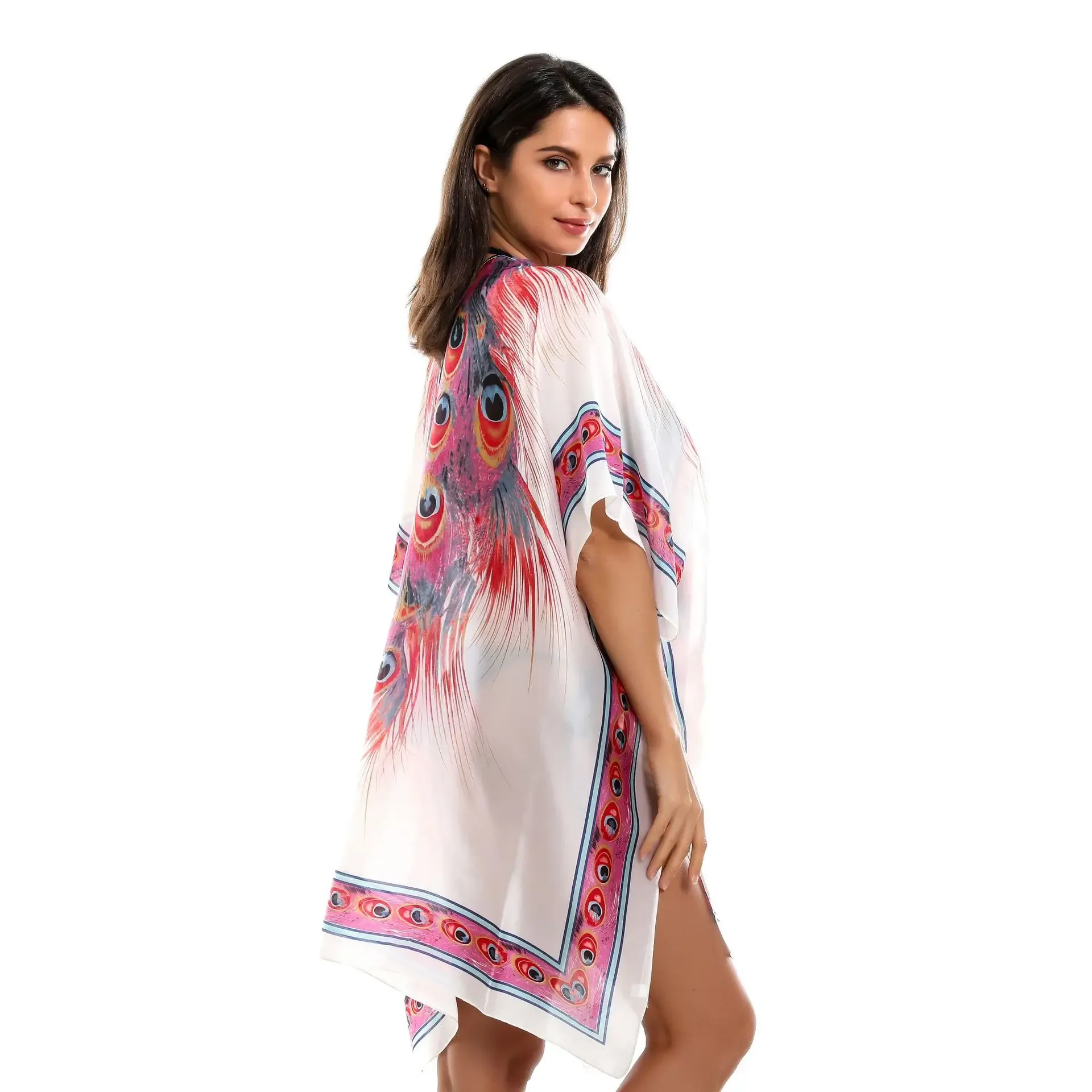 Women Silk Feeling Sun Protection Shawl Lady Summer Chiffon Cardigan Holiday Breathable Bikini Blouse Soft Smooth Beach Cape