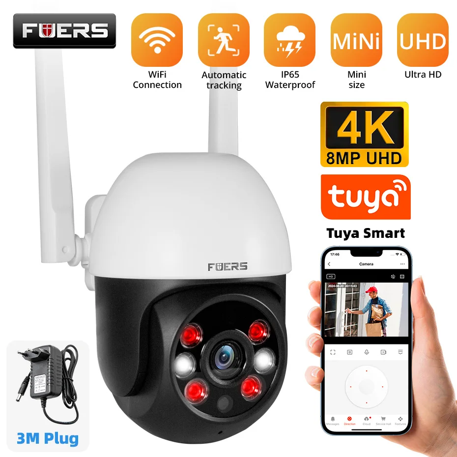 Fuers Tuya Smart Wifi Surveillance Camera 4K 8MP Wireless Outdoor Home Security PTZ IP Cameras AI Human Detect CCTV Mini Camera