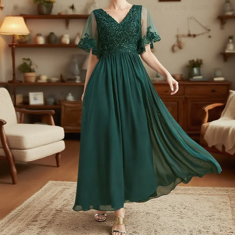 

Chiffon Customized Elegant Mother of the Bride Dresses A-Line V-Neck Wedding Guest Dress Applique Formal Occasion Gowns
